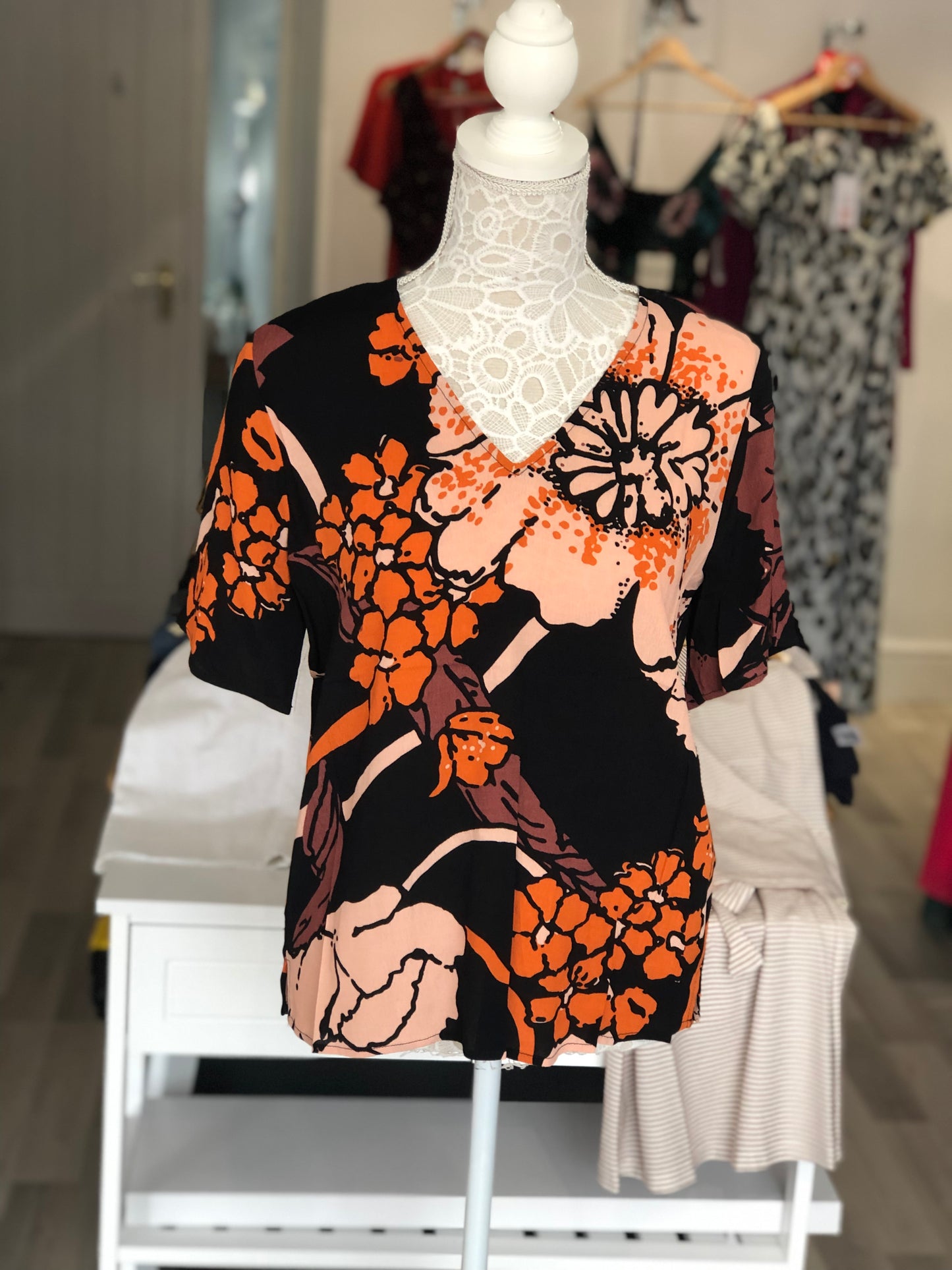 Ichi Black & Orange Pattern Top