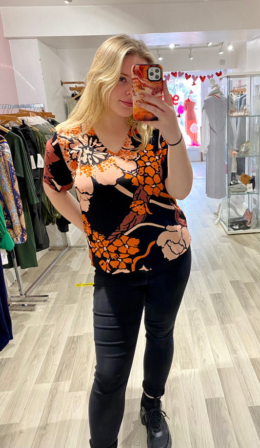 Ichi Black & Orange Pattern Top