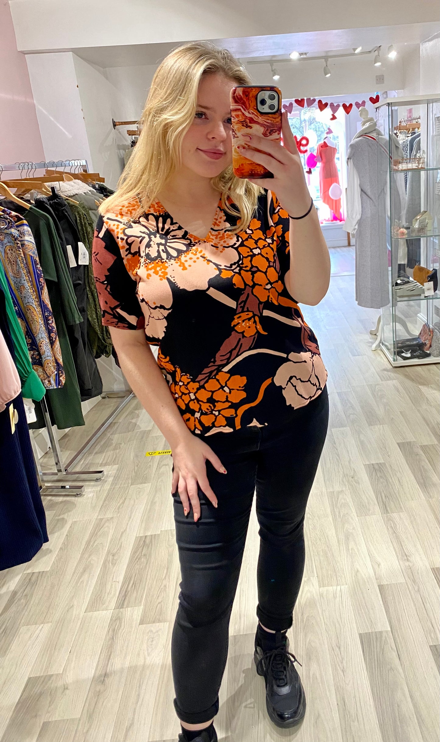 Ichi Black & Orange Pattern Top